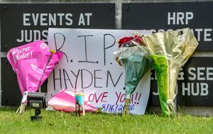 Flowers left at the front entrance in memory of Hayden Panettiere outside of Judson Mill in Greenville, S.C. on Monday, August