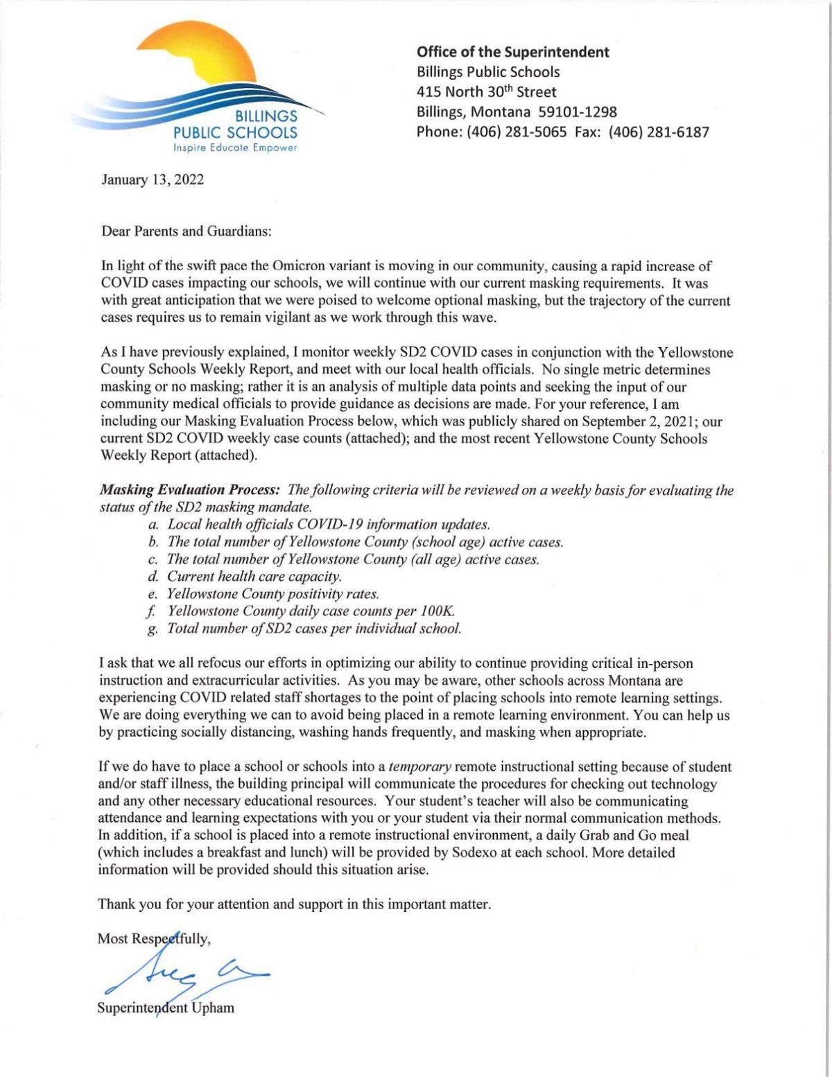 Superintendent Letter January 13 2022