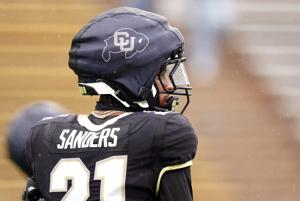 Apr 27, 2024; Boulder, CO, USA; Colorado Buffaloes safety Shilo Sanders (21) warms up during a spring game event at Folsom Field. Mandatory Credit: Ron Chenoy-USA TODAY Sports
