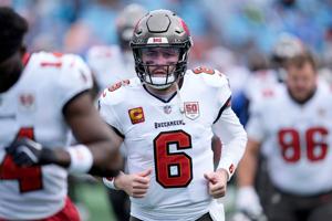 Dec 21, 2025; Charlotte, North Carolina, USA; Tampa Bay Buccaneers quarterback Baker Mayfield (6) warms up before a game against the Carolina Panthers at Bank of America Stadium. Mandatory Credit: Jim Dedmon-Imagn Images