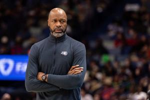 Apr 05, 2026; New Orleans, LA, USA; Former Orlando Magic Head Coach Jamahl Mosley looks on looks on during the first half against the New Orleans Pelicans at Smoothie King Center.