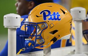 A Pittsburgh Panthers helmet is seen on the bench in the second half during the game against the Florida State Seminoles at Acrisure Stadium on Nov. 4, 2023, in Pittsburgh.