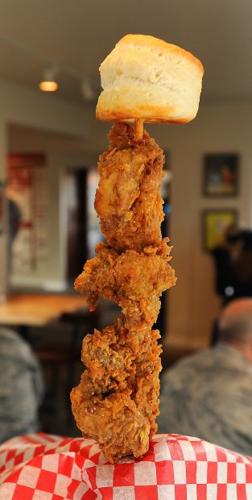 Chicken and a biscuit on a stick