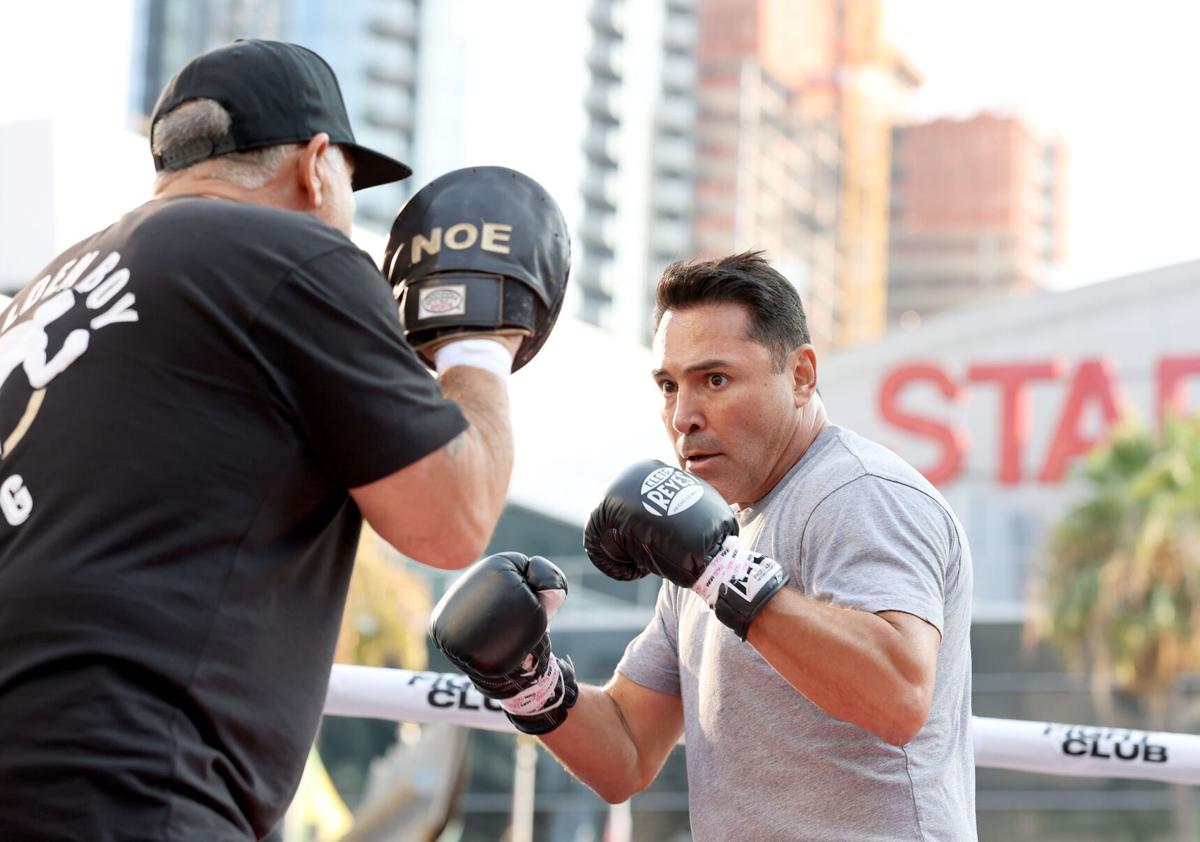 Oscar De La Hoya during a public workout hosted by the boxing legend to promote "The Golden Boy," at XBOX Plaza in Los Angeles on August 24, 2021.