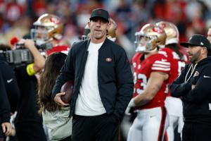 Dec 28, 2025; Santa Clara, California, USA;  San Francisco 49ers head coach Kyle Shanahan looks on before the game against the Chicago Bears at Levi's Stadium. Mandatory Credit: Sergio Estrada-Imagn Images