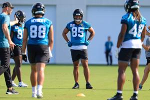 Jacksonville Jaguars tight end Brenton Strange (85) looks on during the third day of minicamp at the Miller Electric Center,