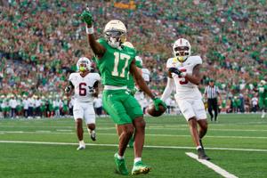 Notre Dame wide receiver Elijah Burress (17) celebrates after scoring a touchdown against Stanford at Notre Dame Stadium on Saturday, Oct. 10, 2026, in South Bend, Ind.