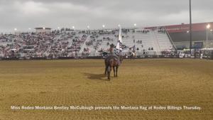 Miss Rodeo Montana Bentley McCullough presents the Montana flag at Rodeo Billings
