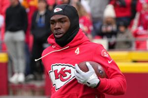 Nov 23, 2025; Kansas City, Missouri, USA; Kansas City Chiefs wide receiver Rashee Rice (4) warms up before the game against the Indianapolis Colts at GEHA Field at Arrowhead Stadium. Mandatory Credit: Denny Medley-Imagn Images