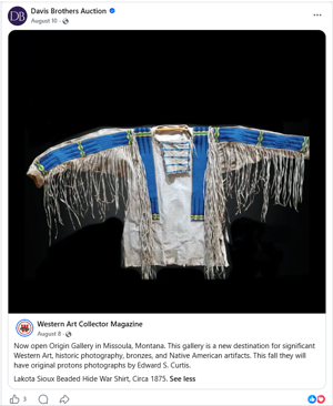 Facebook post advertising "Lakota Sioux Beaded Hide War Shirt, Circa 1875"