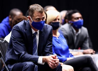 In this file photo, assistant coach Jon Scheyer of the Duke Blue Devils listens during a press conference announcing the retirement of head coach Mike Krzyzewski at Cameron Indoor Stadium on June 3, 2021, in Durham, North Carolina.