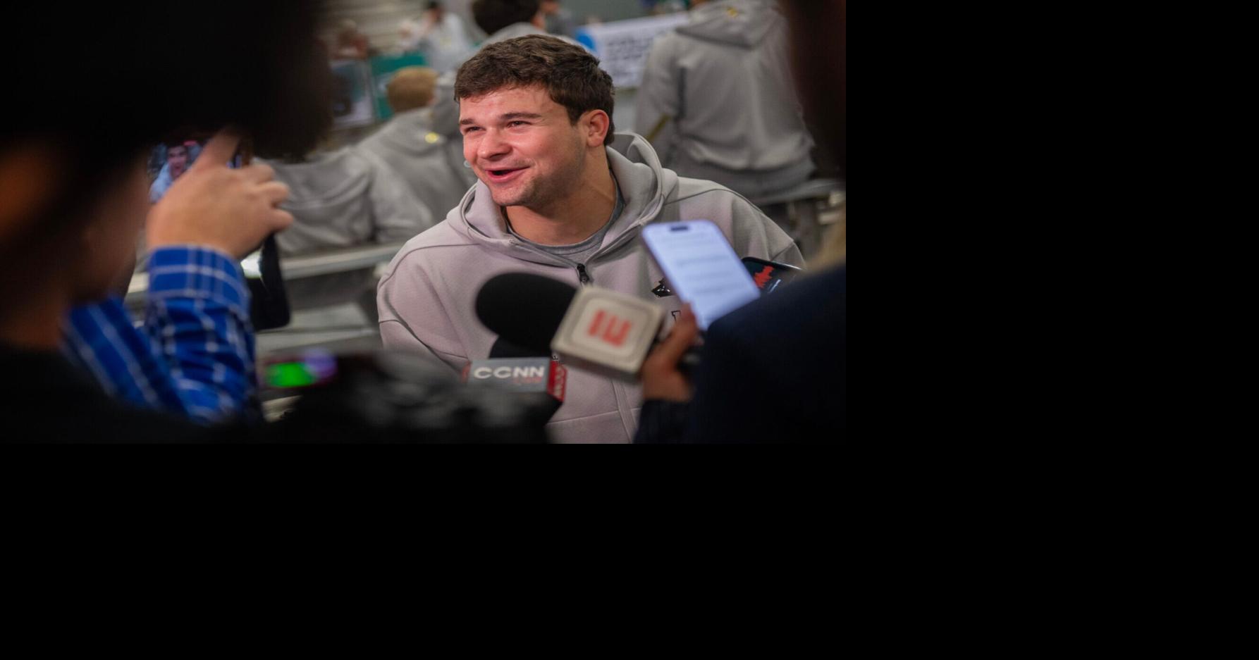 Indiana's Alberto Mendoza answers questions at Media Day during the College Football Playoff on Saturday, Jan. 17, 2026.