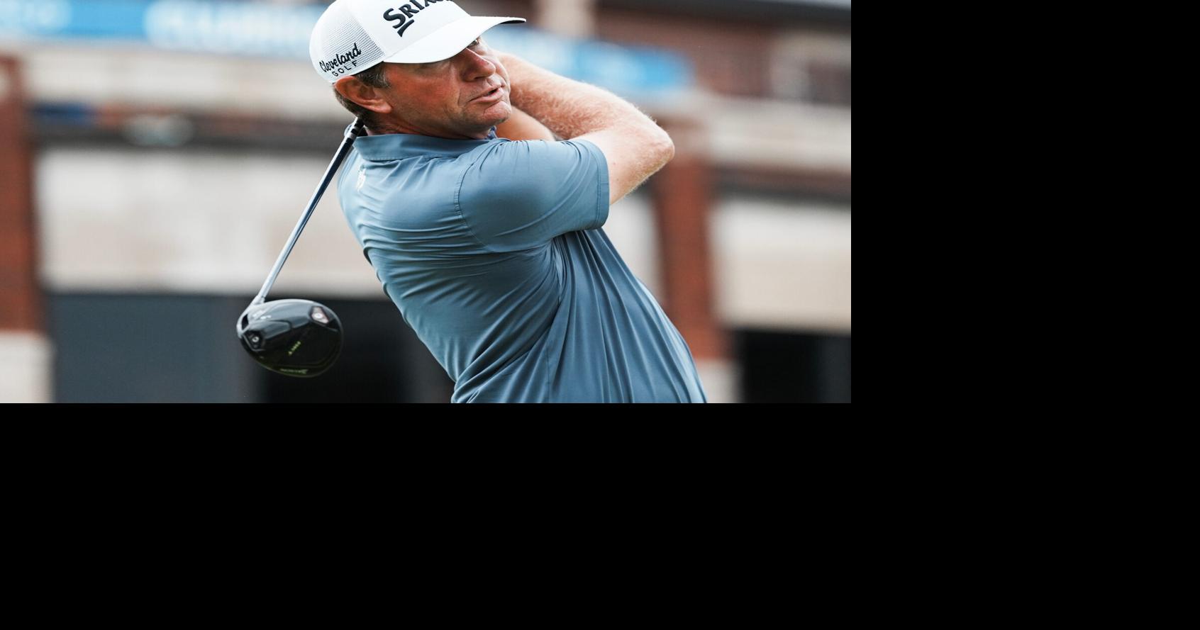 Lucas Glover hits off the 10th tee during the second round of the 2026 ISCO Championship at the Hurstbourne Country Club in Louisville.