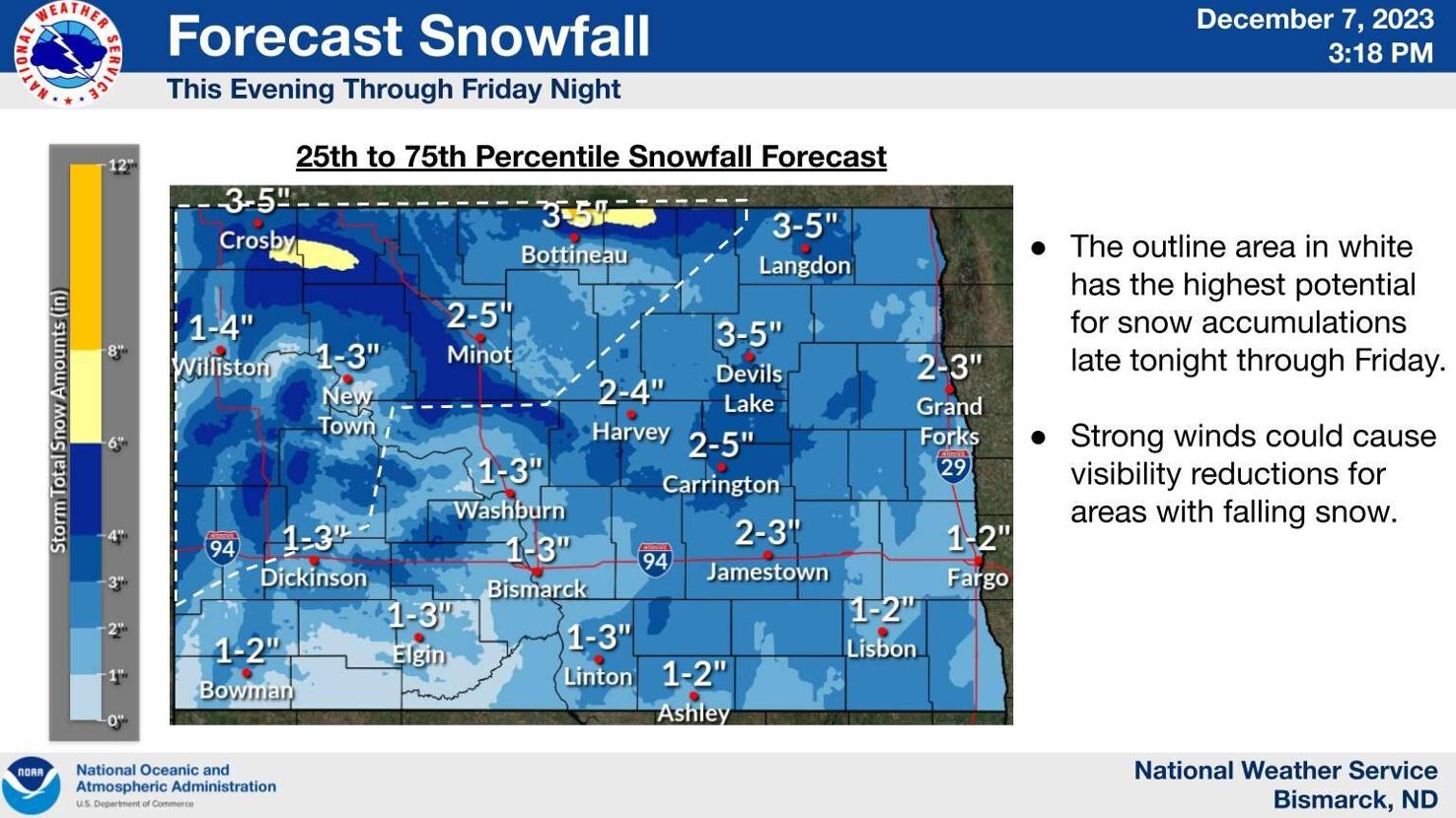 Snow, strong winds, cold sweep into North Dakota