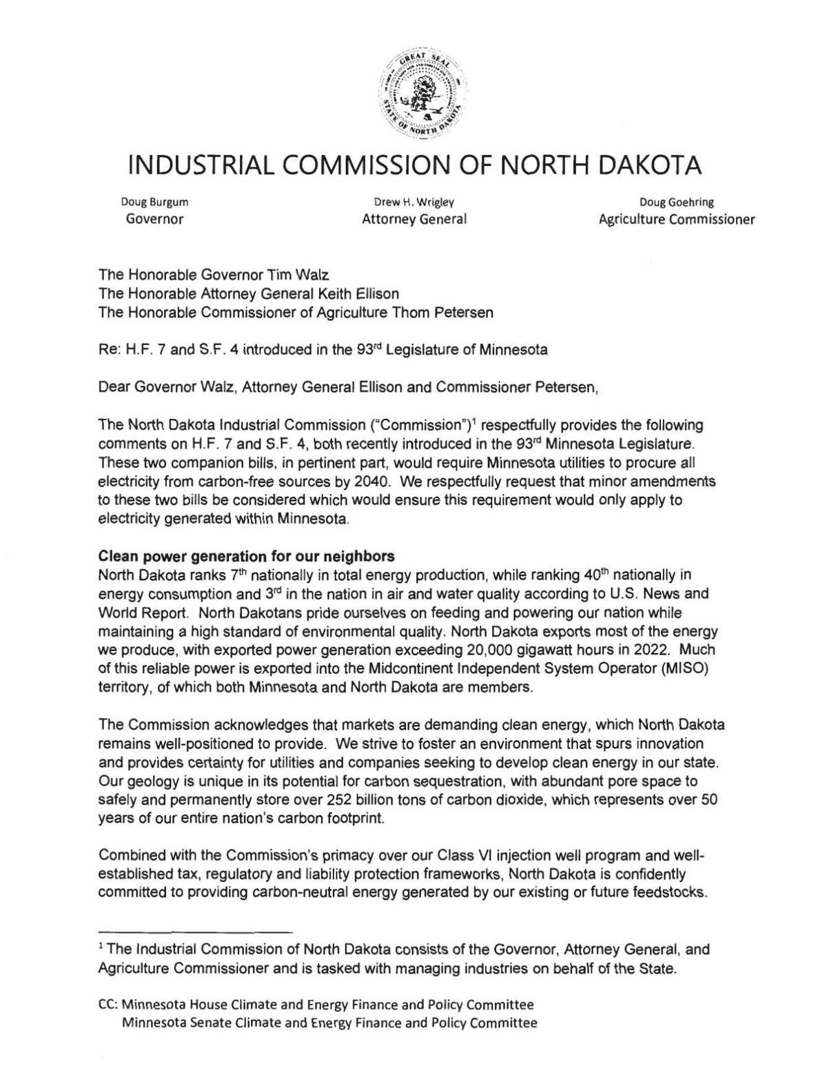 North Dakota Industrial Commission Letter to Minnesota Leadership