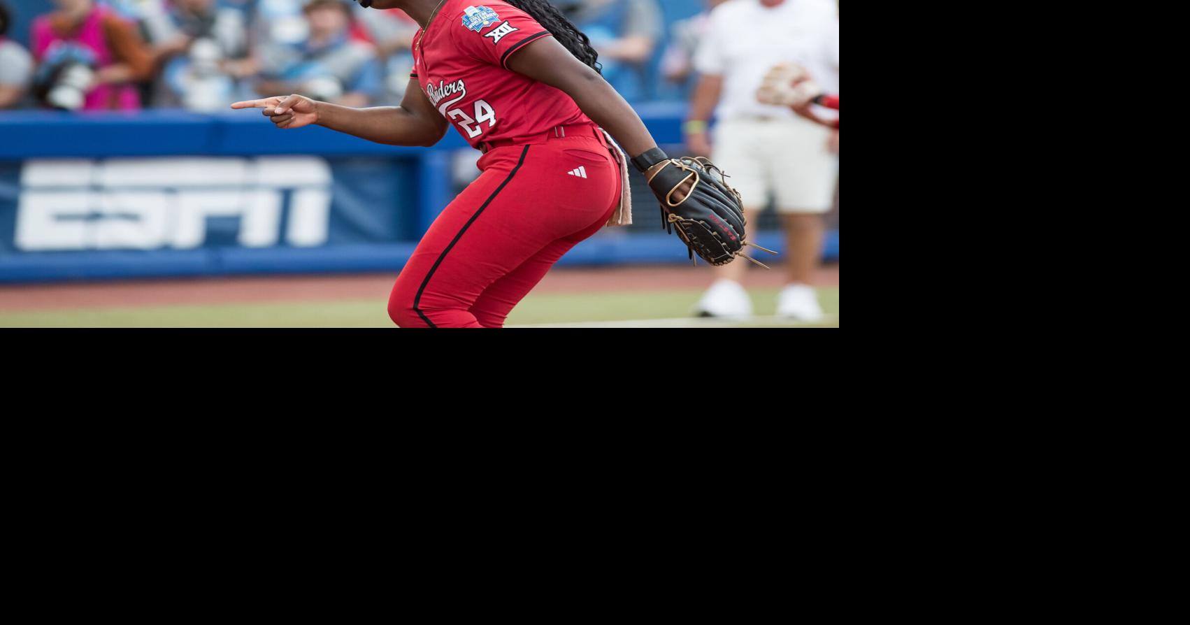 Jun 6, 2025; Oklahoma City, OK, USA; Texas Tech Red Raiders pitcher NiJaree Canady (24) points to her catcher after a strikeout in the first inning against the Texas Longhorns during game three of the NCAA Softball Women's College World Series finals at De