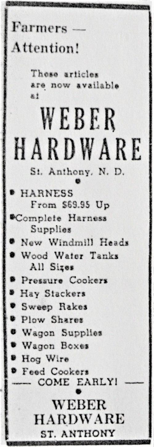 Weber Hardware advertisment, 1945