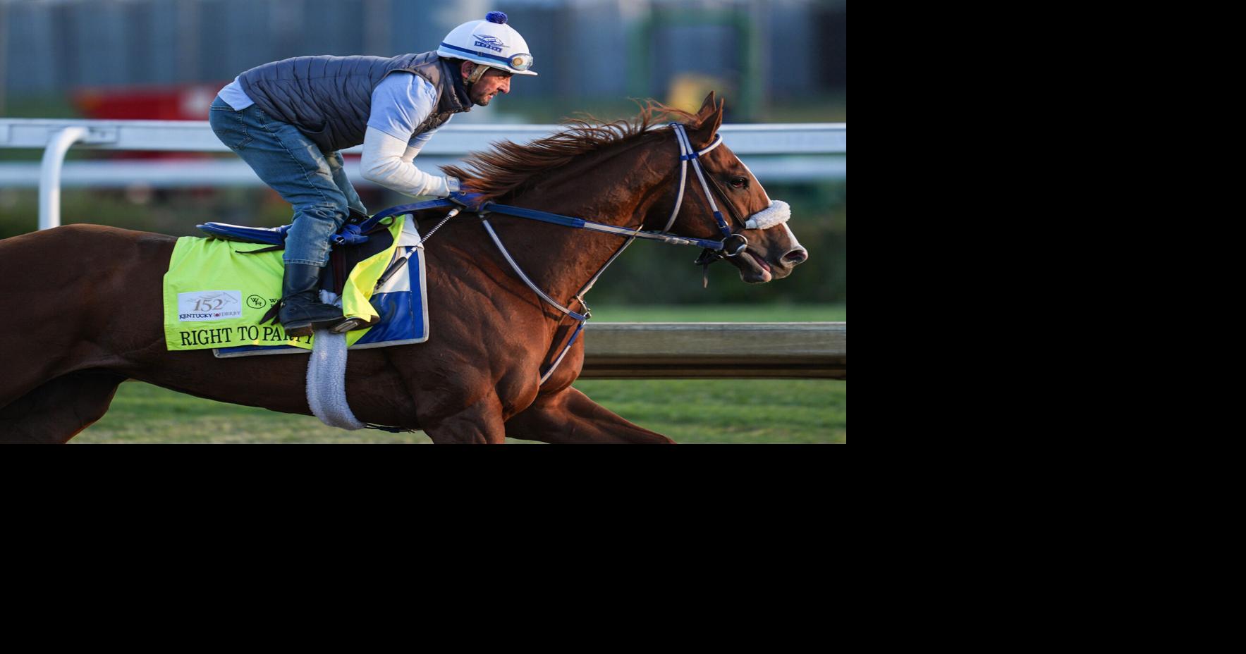 2026 Kentucky Derby horse Right To Party with rider Robby Albarado working at Churchill Downs. The horse is trained by Kenny