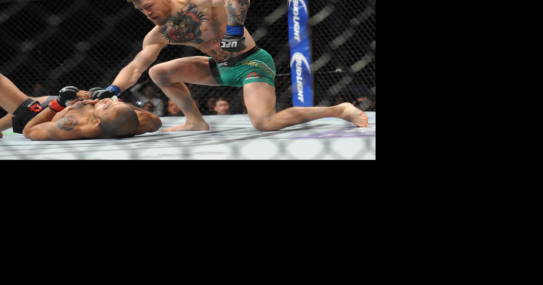 December 12, 2015; Las Vegas, NV, USA; Conor McGregor moves in to land punches and win via technical knockout against Jose Aldo during UFC 194 at MGM Grand Garden Arena.