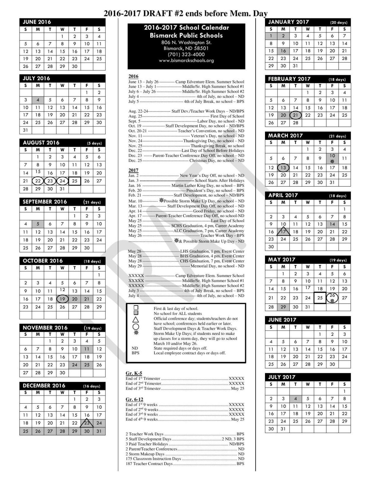 Bismarck Public Schools 201617 Calendar