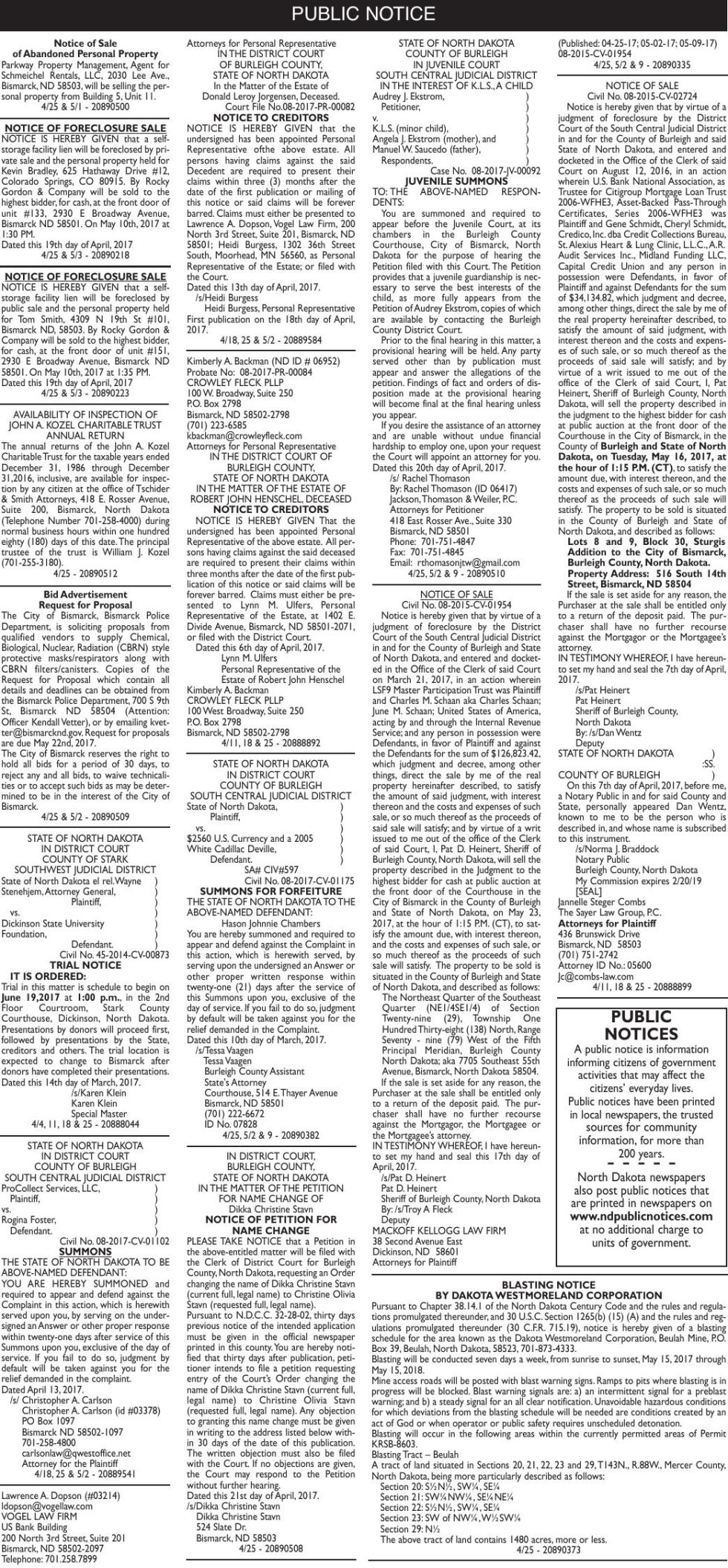 Legals - April 25, 2017