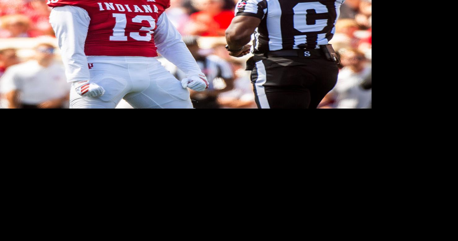 Indiana's Kellan Wyatt (13) celebrates his tackle of Kennesaw State's Alexander Diggs (3) for a loss during the Indiana versus Kennesaw State Big Ten football game at Memorial Stadium on Saturday, Sept. 6, 2025.