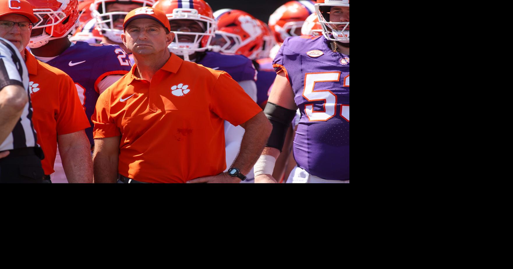 Clemson coach Dabo Swinney prepares to run on the field with his team before its game against Georgia Tech at Bobby Dodd Stadium at Hyundai Field in Atlanta.