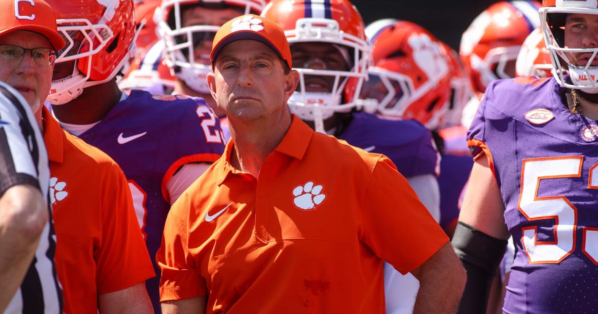 Clemson coach Dabo Swinney prepares to run on the field with his team before its game against Georgia Tech at Bobby Dodd Stadium at Hyundai Field in Atlanta.
