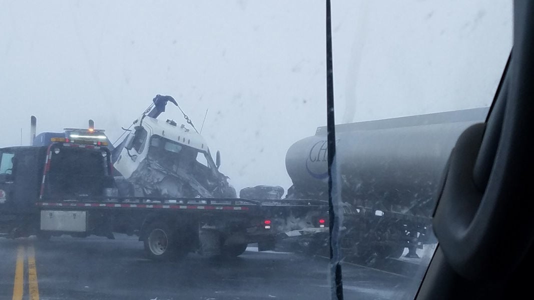 Wreckers attempted to clear damaged trucks and cars in low visibility after two related crashes on Interstate 94 near Medina, N.D., Monday, March 4, 2019. Kendra Behm  Special to Forum News Service.jpg