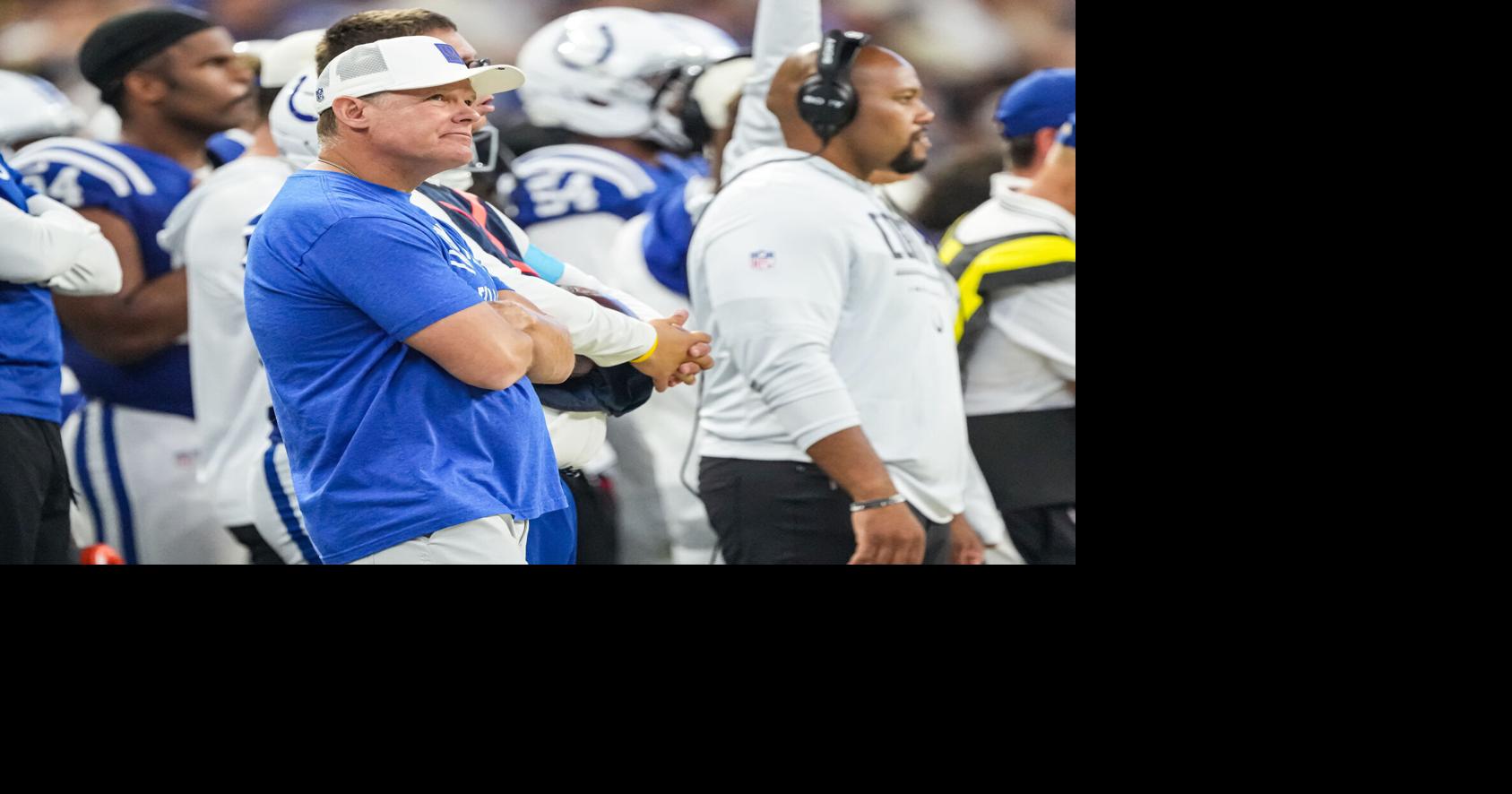 Indianapolis Colts general manager Chris Ballard watches the game from the sidelines Saturday, Aug. 22, 2026, during the preseason game against the Atlanta Falcons at Lucas Oil Stadium in Indianapolis.