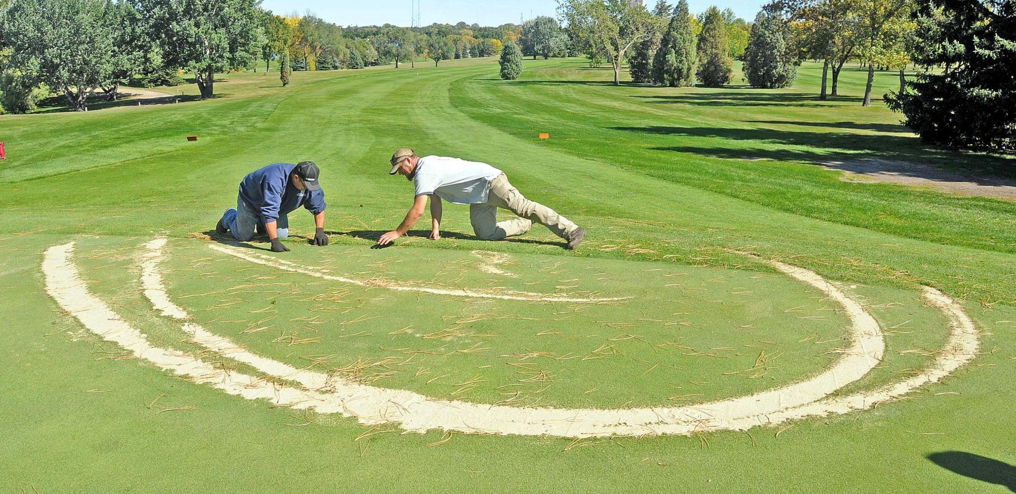 Driver cuts up grass at municipal golf course