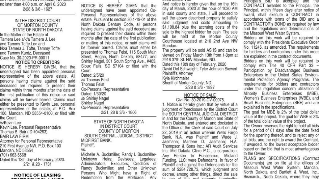 Mandan Legals February 28 2020 Public Notices Bismarcktribune Com