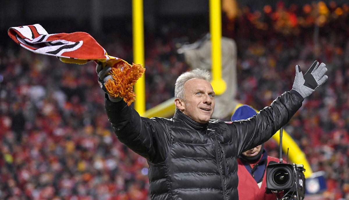 Hall of Fame quarterback Joe Montana fires up the crowd during a break in the AFC Championship game on Sunday, Jan. 20, 2019 at Arrowhead Stadium in Kansas City, Mo.