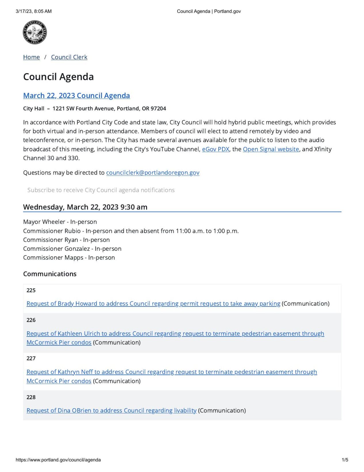 City of Portland Council Agenda