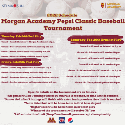 Schedule for 2022 Morgan Academy Pepsi Classic Baseball Tournament released