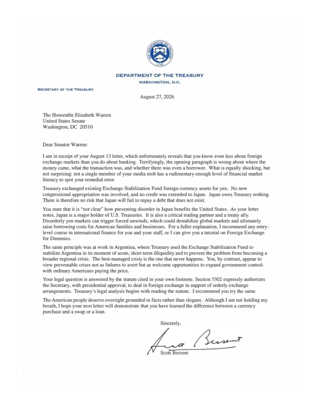 FNF - NC - Letter Sec'y Bessent to Warren