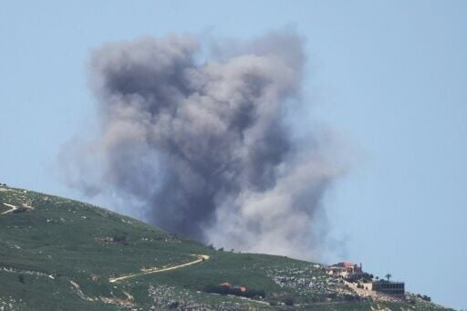 Smoke rises from the site of an Israeli strike that targeted the village of Kfar Tibnit on April 16
