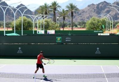 Spanish star Carlos Alcaraz practices ahead of this week's ATP/WTA tournament at Indian Wells, which is taking place days after the outbreak of war in the Middle East