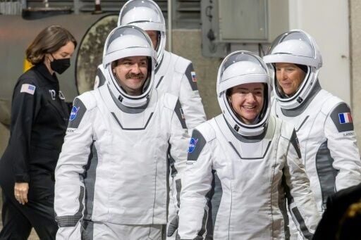 Adenot, right, with the other three astronauts launching to the ISS on Friday