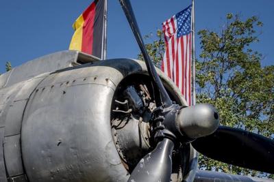 The propeller of a 'raisin bomber' airplane from World War II is seen in Frankfurt, Germany, in June 2020.