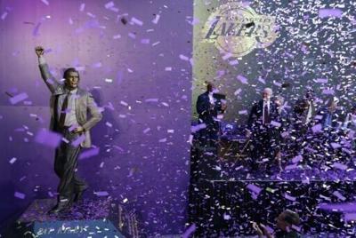 Former head coach Pat Riley watches as the Los Angeles Lakers unveil his statue outside Crypto.com Arena