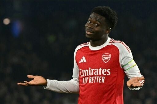 Arsenal forward Bukayo Saka celebrates his goal against Brighton
