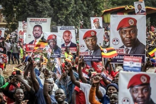 Supporters of opposition leader and presidential candidate Bobi Wine at his final rally in Kampala