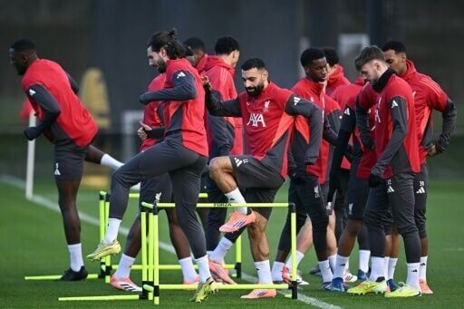 Mohamed Salah (centre) at a Liverpool training session