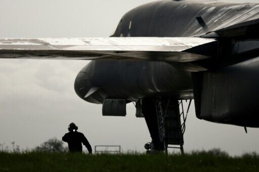 A US Air Force B-1 Lancer bomber is prepared for takeoff from RAF Fairford in England on March 13, 2026