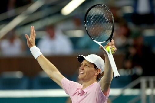 World number two Jannik Sinner of Italy celebratres his win over Jiri Lehecka in the Miami Open final