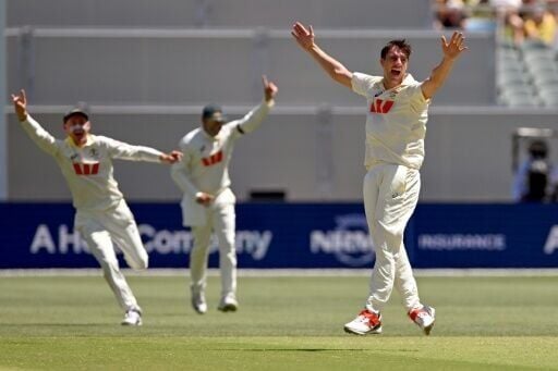 Australia's Pat Cummins (right) celebrates taking the wicket of England's Zak Crawley
