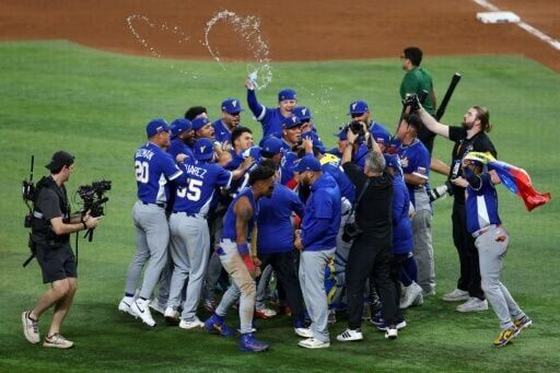 Venezuela celebrate after their World Baseball Classic victory over the United States