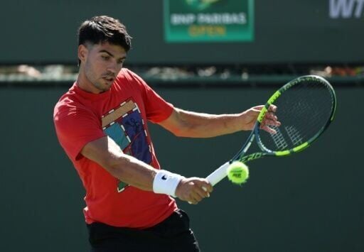 World number one Carlos Alcaraz of Spain practices before the Indian Wells ATP/WTA Masters 1000