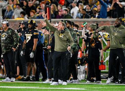Mizzou head football coach Eli Drinkwitz yells at the refs for a penalty during (copy)